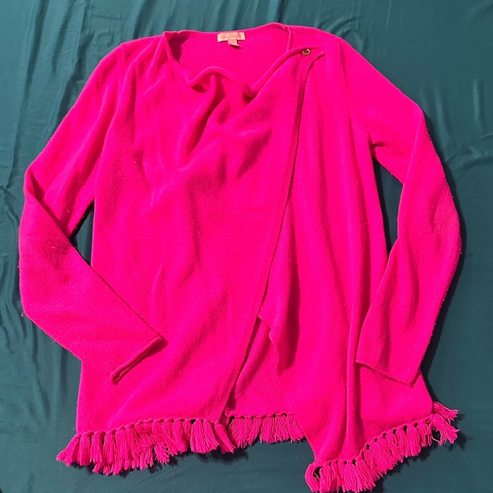 Lilly Pulitzer Alina Cashmere Fringe Trim Magenta Pink Cardigan‎ S Knit Sweater